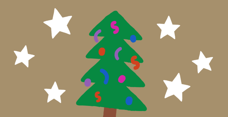 simpele tekening van een kerstboom met versieringen, op een bruine achtergrond met witte sterren